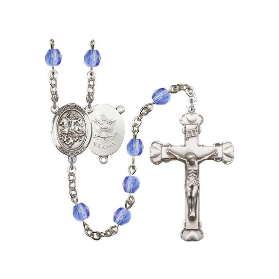 St. George / Army Silver-Plated Rosary 6mm September Blue Fire Polished Beads Crucifix Size 1 5/8 x 1 medal charm