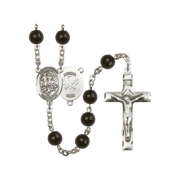 St. George / Nat'l Guard Silver-Plated Rosary 7mm Black Onyx Beads Crucifix Size 1 3/4 x 1 medal charm