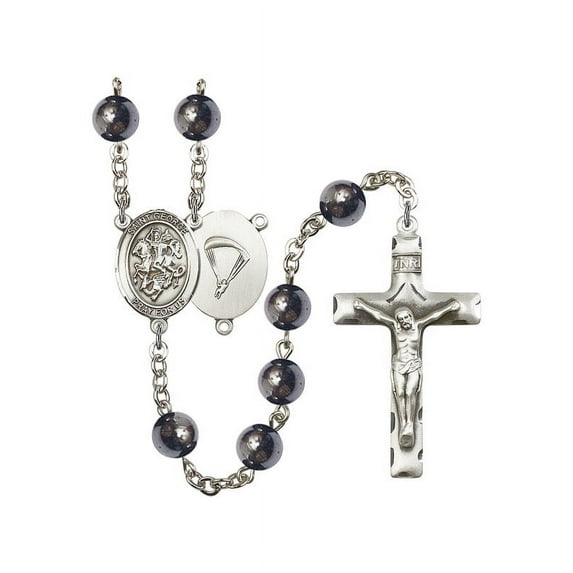 St. George / Paratrooper Silver-Plated Rosary 8mm Hematite Beads Crucifix Size 1 3/4 x 1 medal charm