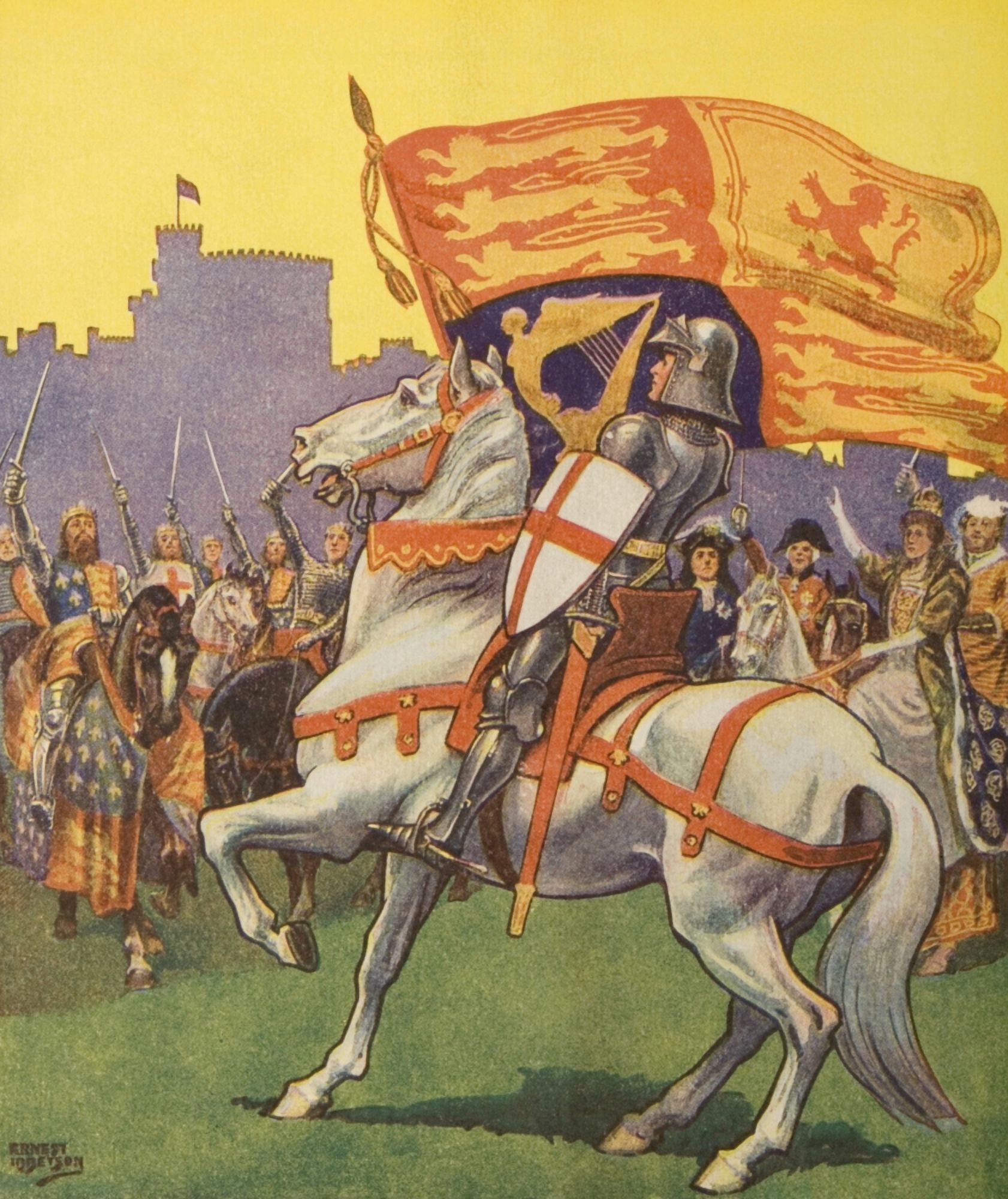 St George With Royal Standard & Shield With Cross Of St George From Silver Jubilee Tattoo Aldershot Official Programme 1935 Artist Ernest Ibbetson Canvas Art - Ken Welsh Design Pics (13 x 15)
