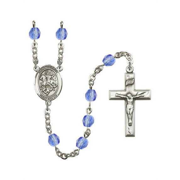St. George Silver-Plated Rosary 6mm September Blue Fire Polished Beads Crucifix Size 1 3/8 x 3/4 medal charm