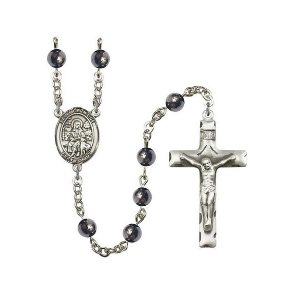 St. Germaine Cousin Silver-Plated Rosary 6mm Hematite Beads Crucifix Size 1 3/4 x 1 medal charm