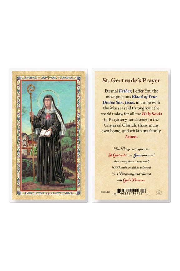 St. Gertrude Gold-Stamped Laminated Catholic Prayer Holy Card with Prayer on Back, Pack of 25