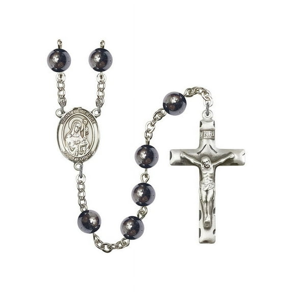 St. Gertrude of Nivelles Silver-Plated Rosary 8mm Hematite Beads Crucifix Size 1 3/4 x 1 medal charm