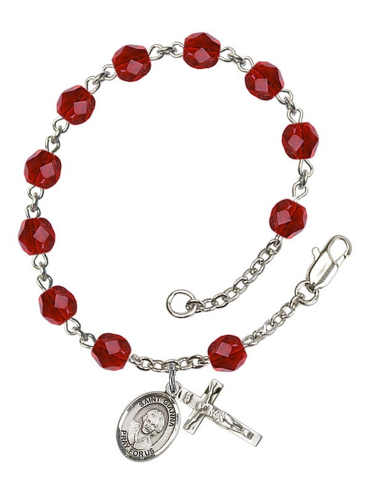 St. Gianna Beretta Molla Silver Plate Rosary Bracelet 6mm July Red Fire Polished Beads Crucifix Size 5/8 x 1/4 medal charm