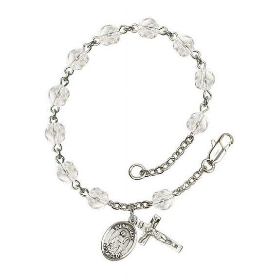 St. Grace Silver Plate Rosary Bracelet 6mm April Crystal Fire Polished Beads Crucifix Size 5/8 x 1/4 medal charm