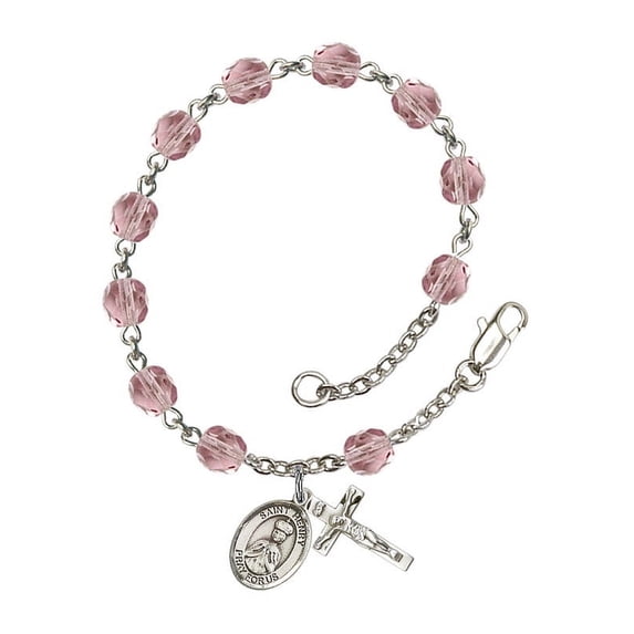 St. Henry II Silver Plate Rosary Bracelet 6mm June Light Purple Fire Polished Beads Crucifix Size 5/8 x 1/4 medal charm
