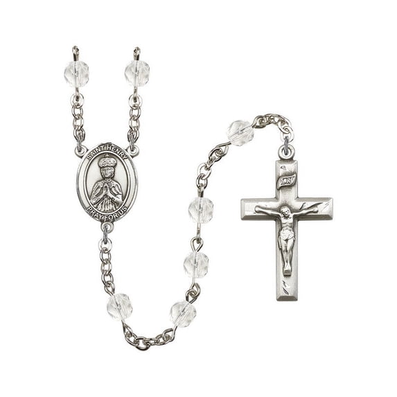 St. Henry II Silver-Plated Rosary 6mm April Crystal Fire Polished Beads Crucifix Size 1 3/8 x 3/4 medal charm