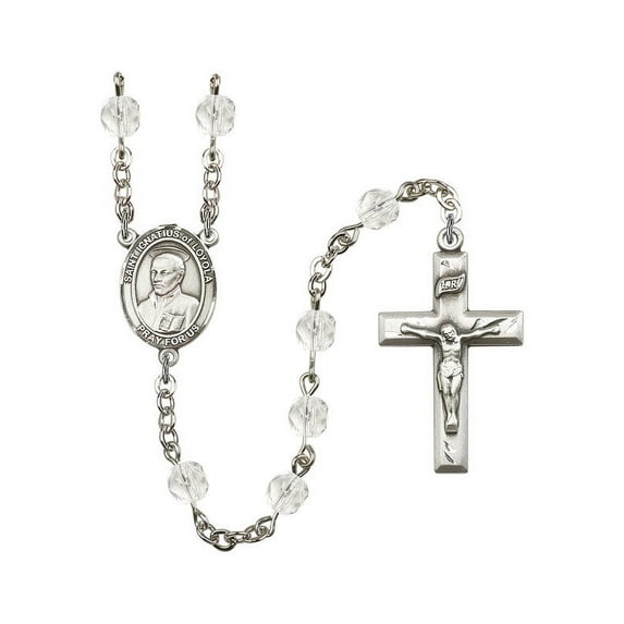 St. Ignatius of Loyola Silver-Plated Rosary 6mm April Crystal Fire Polished Beads Crucifix Size 1 3/8 x 3/4 medal charm