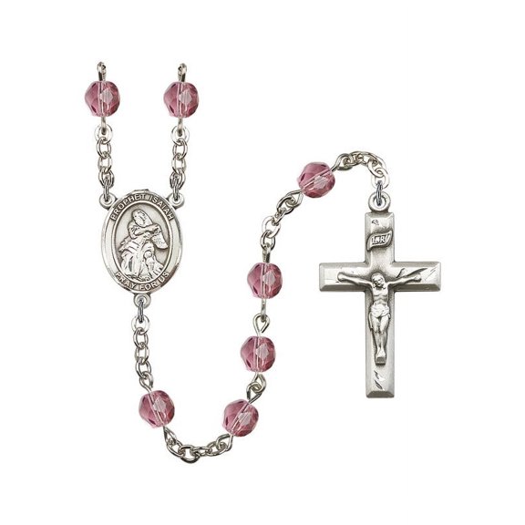 St. Isaiah Silver-Plated Rosary 6mm February Purple Fire Polished Beads Crucifix Size 1 3/8 x 3/4 medal charm