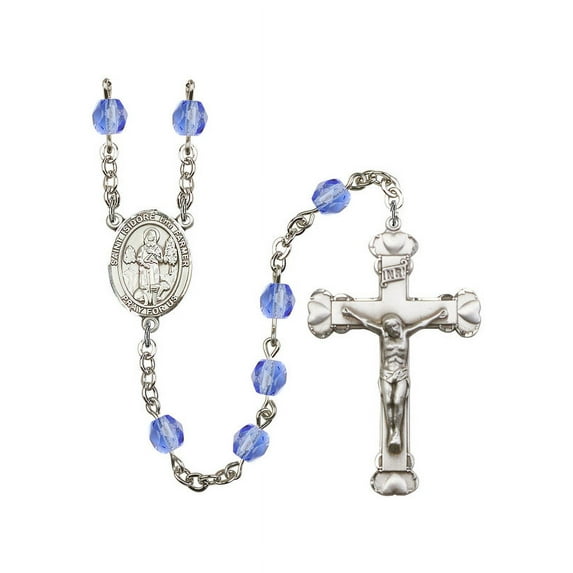 St. Isidore the Farmer Silver-Plated Rosary 6mm September Blue Fire Polished Beads Crucifix Size 1 5/8 x 1 medal charm