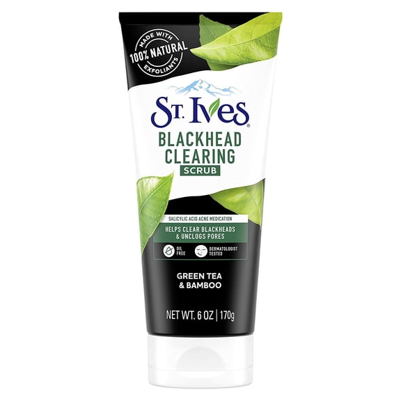 St. Ives Blackhead Clearing Face Scrub Clears Blackheads & Unclogs Pores Green Tea & Bamboo with Oil-Free Salicylic Acid Acne Medication, Made with 100% Natural Exfoliants 6 Oz