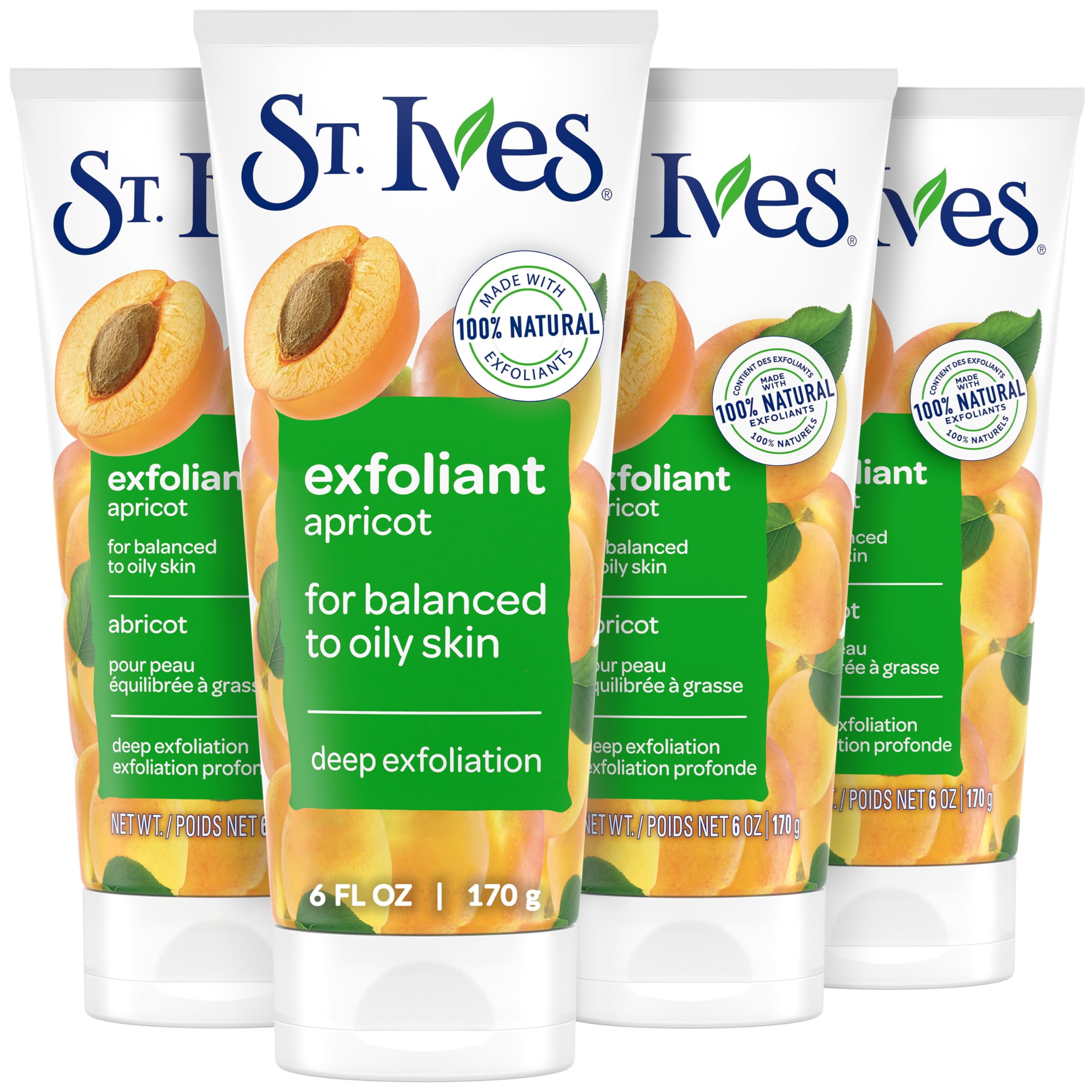 St. Ives Fresh Skin Apricot Face Scrub, Deep Exfoliator Skin Care for Clean, Glowing Skin, Oil-free Facial Scrub Made with Natural Exfoliants, 6 oz, 4 Pack