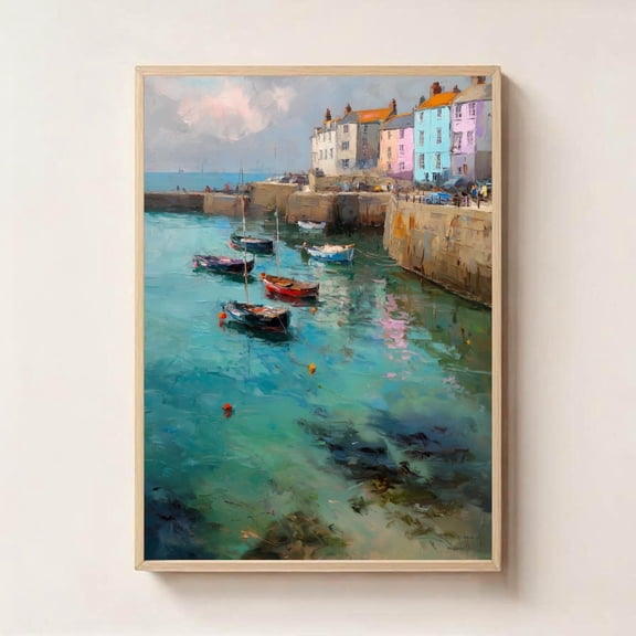 St Ives Harbour Wall Art Coastal Cornwall Seaside Poster, Stretched Canvas 16x20in
