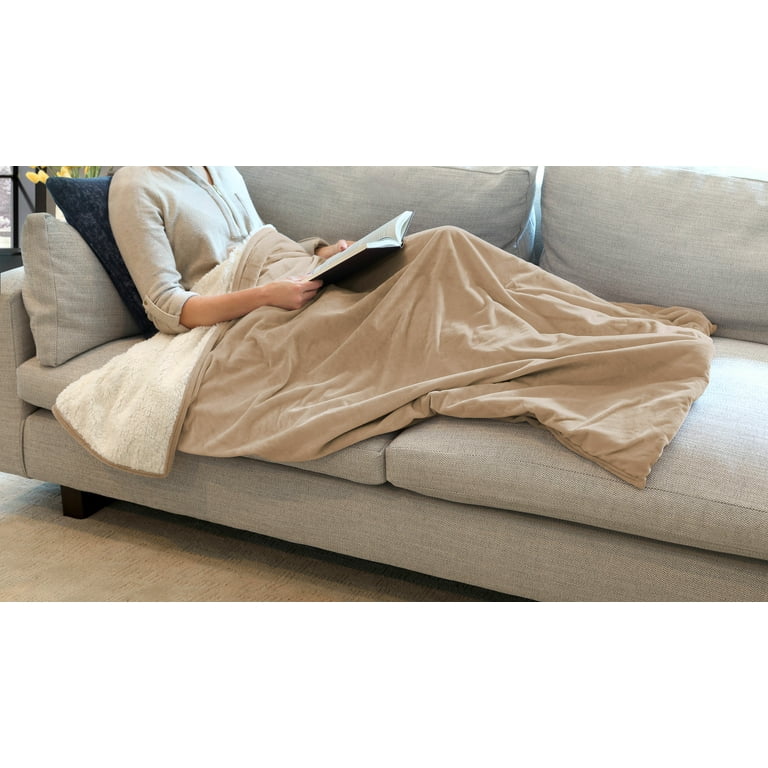 St. James Home Luxury Velvet and Sherpa Foot Pocket Throw Tan