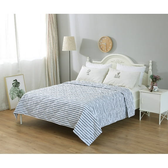 St. James Home Soft Cover Nano Feather Filled Blanket, White/Navy Stripes, Twin
