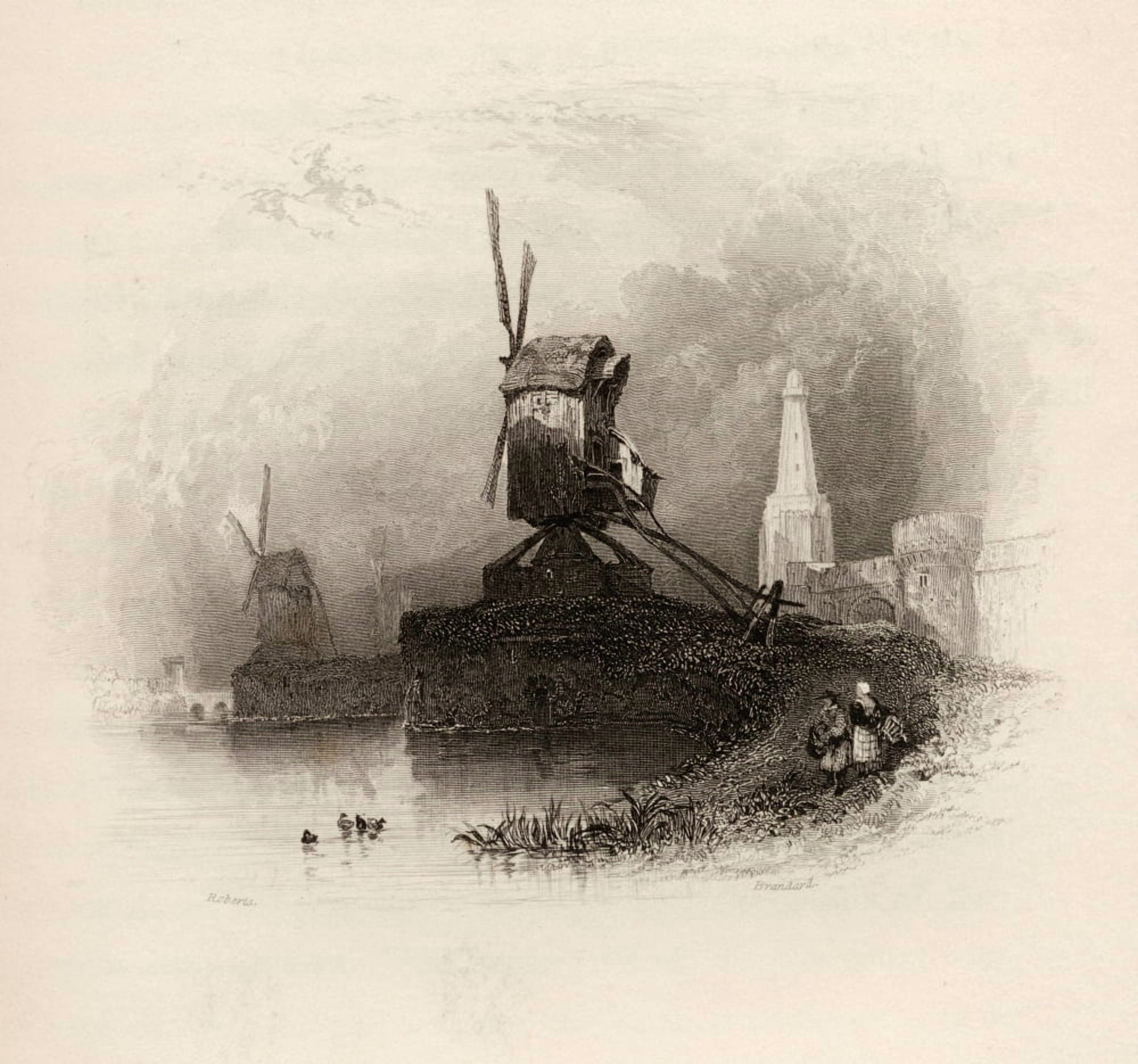 St Janshuis Mill Bruges Holland Engraved By R Brandard From A 19Th Century Print By D Roberts Canvas Art - Ken Welsh Design Pics (15 x 14)