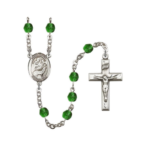 St. Jason Silver-Plated Rosary 6mm May Green Fire Polished Beads Crucifix Size 1 3/8 x 3/4 medal charm