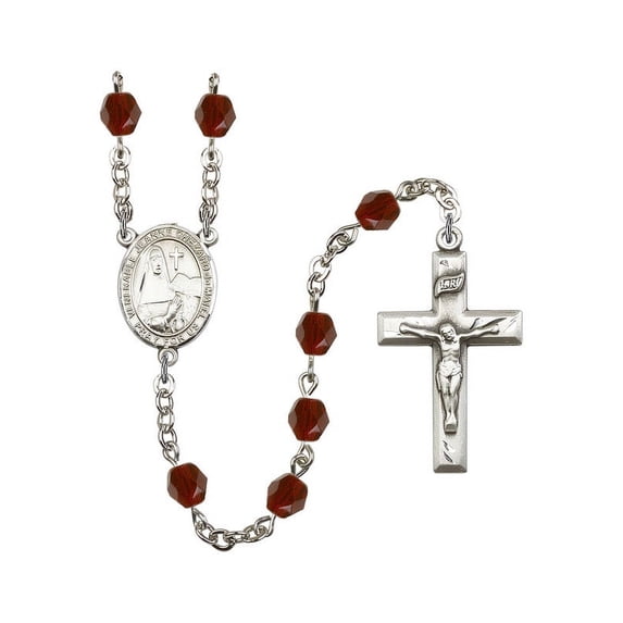 St. Jeanne Chezard de Matel Silver-Plated Rosary 6mm January Red Fire Polished Beads Crucifix Size 1 3/8 x 3/4 medal charm