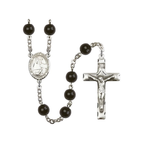 St. Jeanne Chezard de Matel Silver-Plated Rosary 7mm Black Onyx Beads Crucifix Size 1 3/4 x 1 medal charm