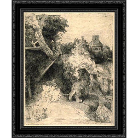 St. Jerome Reading in an Italian Landscape 20x23 Black Ornate Wood Framed Canvas Art by Rembrandt