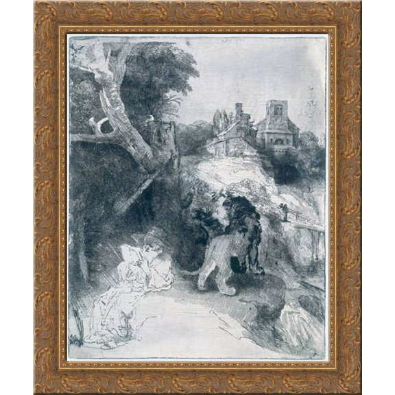St Jerome Reading in an Italian Landscape 20x23 Gold Ornate Wood Framed Canvas Art by Rembrandt