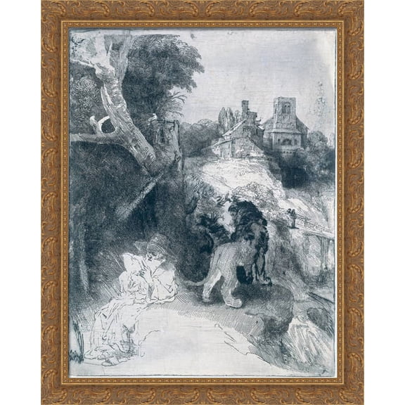 St Jerome Reading in an Italian Landscape 28x34 Large Gold Ornate Wood Framed Canvas Art by Rembrandt