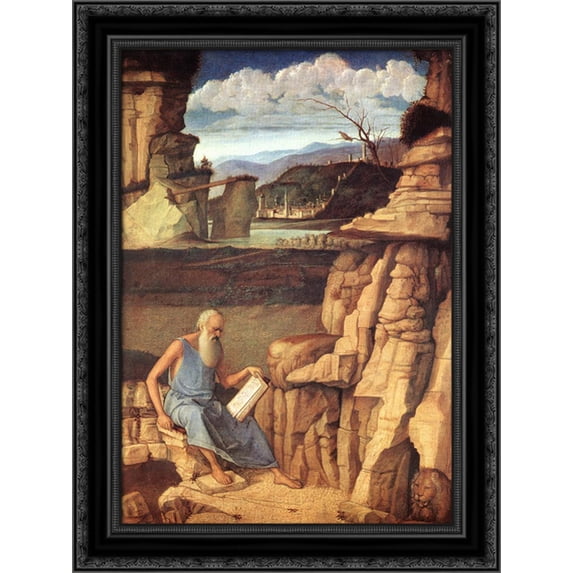 St. Jerome Reading in the Countryside 19x24 Black Ornate Wood Framed Canvas Art by Bellini, Giovanni