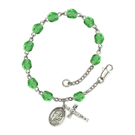 St. Jerome Silver Plate Rosary Bracelet 6mm August Green Fire Polished Beads Crucifix Size 5/8 x 1/4 medal charm