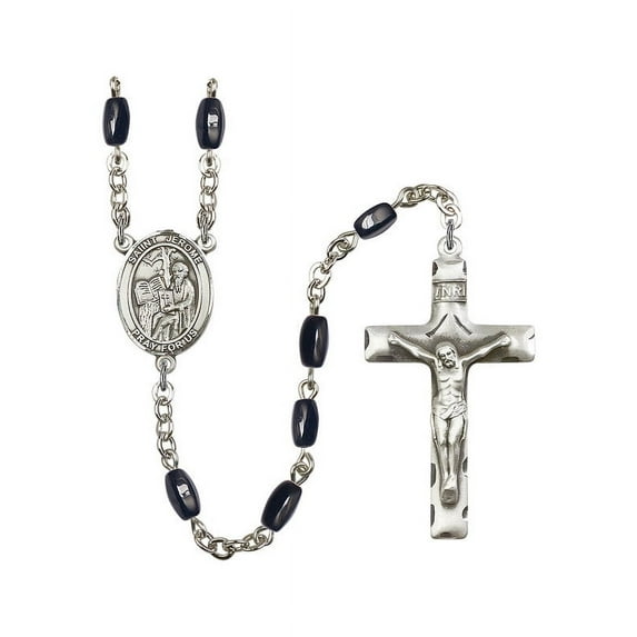 St. Jerome Silver-Plated Rosary 8x5mm Black Onyx Beads Crucifix Size 1 3/4 x 1 medal charm