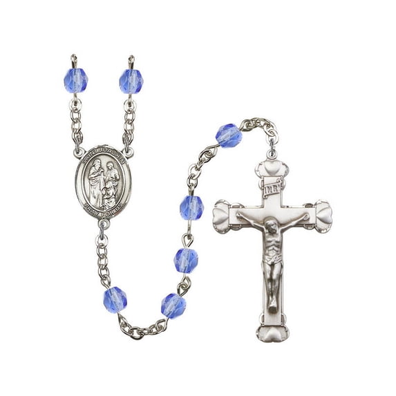 St. Joachim Silver-Plated Rosary 6mm September Blue Fire Polished Beads Crucifix Size 1 5/8 x 1 medal charm