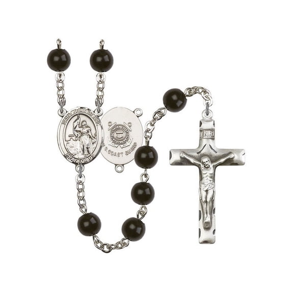 St. Joan of Arc /Coast Guard Silver-Plated Rosary 7mm Black Onyx Beads Crucifix Size 1 3/4 x 1 medal charm