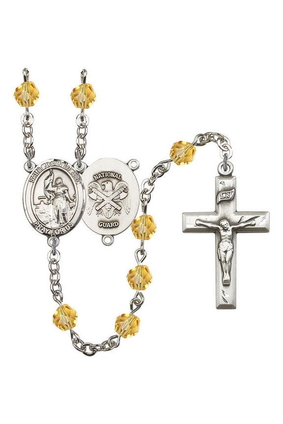 St. Joan of Arc / Nat'l Guard Silver-Plated Rosary 6mm November Yellow Fire Polished Beads Crucifix Size 1 3/8 x 3/4 medal