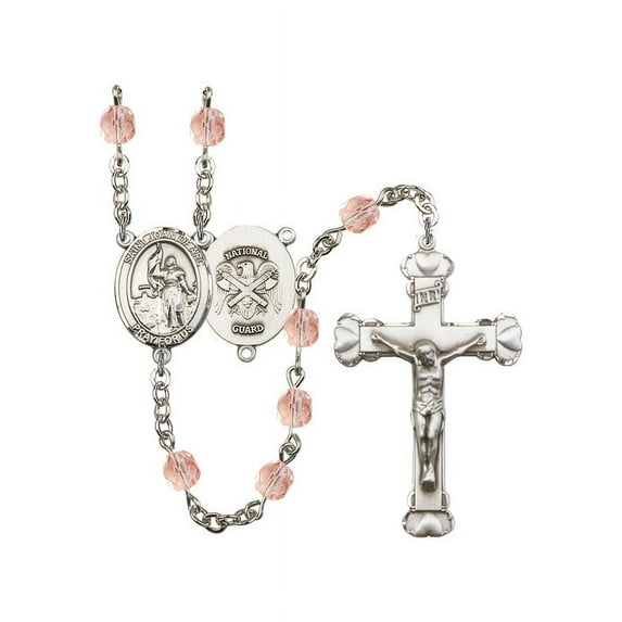 St. Joan of Arc / Nat'l Guard Silver-Plated Rosary 6mm October Pink Fire Polished Beads Crucifix Size 1 5/8 x 1 medal charm