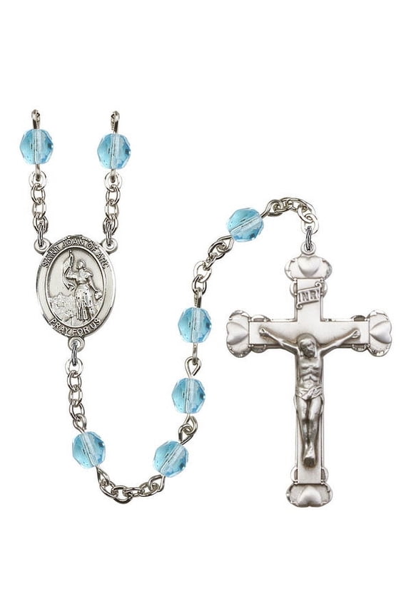 St. Joan of Arc Silver-Plated Rosary 6mm March Light Blue Fire Polished Beads Crucifix Size 1 5/8 x 1 medal charm