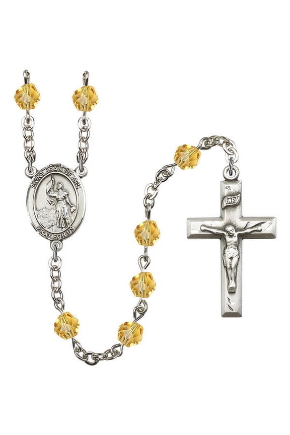 St. Joan of Arc Silver-Plated Rosary 6mm November Yellow Fire Polished Beads Crucifix Size 1 3/8 x 3/4 medal charm