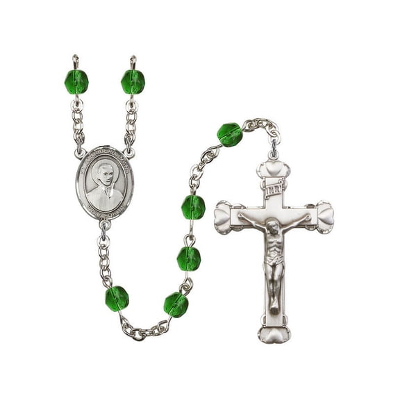St. John Berchmans Silver-Plated Rosary 6mm May Green Fire Polished Beads Crucifix Size 1 5/8 x 1 medal charm