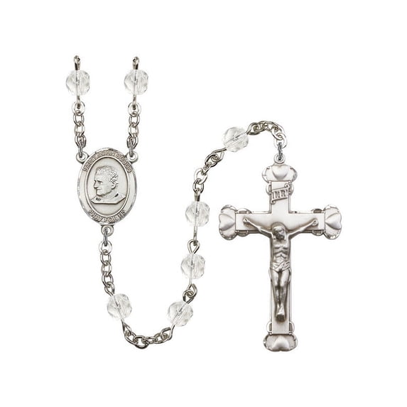 St. John Bosco Silver-Plated Rosary 6mm April Crystal Fire Polished Beads Crucifix Size 1 5/8 x 1 medal charm