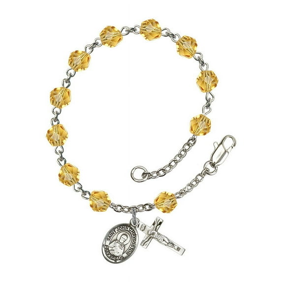 St. John Chrysostom Silver Plate Rosary Bracelet 6mm November Yellow Fire Polished Beads Crucifix Size 5/8 x 1/4 medal charm