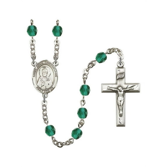 St. John Chrysostom Silver-Plated Rosary 6mm December Blue Fire Polished Beads Crucifix Size 1 3/8 x 3/4 medal charm