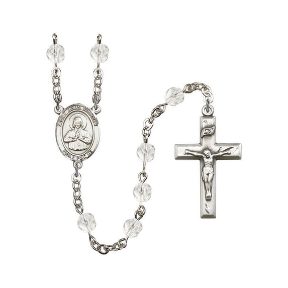 St. John Vianney Silver-Plated Rosary 6mm April Crystal Fire Polished Beads Crucifix Size 1 3/8 x 3/4 medal charm
