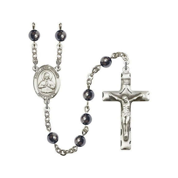 St. John Vianney Silver-Plated Rosary 6mm Hematite Beads Crucifix Size 1 3/4 x 1 medal charm