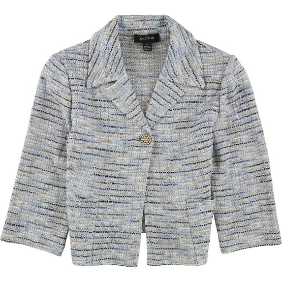 St. John Womens Tweed One Button Blazer Jacket, Blue, 10