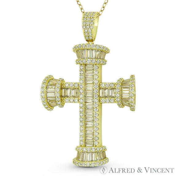 St. John's Cross Baguette & Round Cut Cubic Zirconia CZ Crystal Pave 52x17mm (2x0.7in) Christian Pendant & Chain Necklace in .925 Sterling Silver w/ 14k Yellow Gold