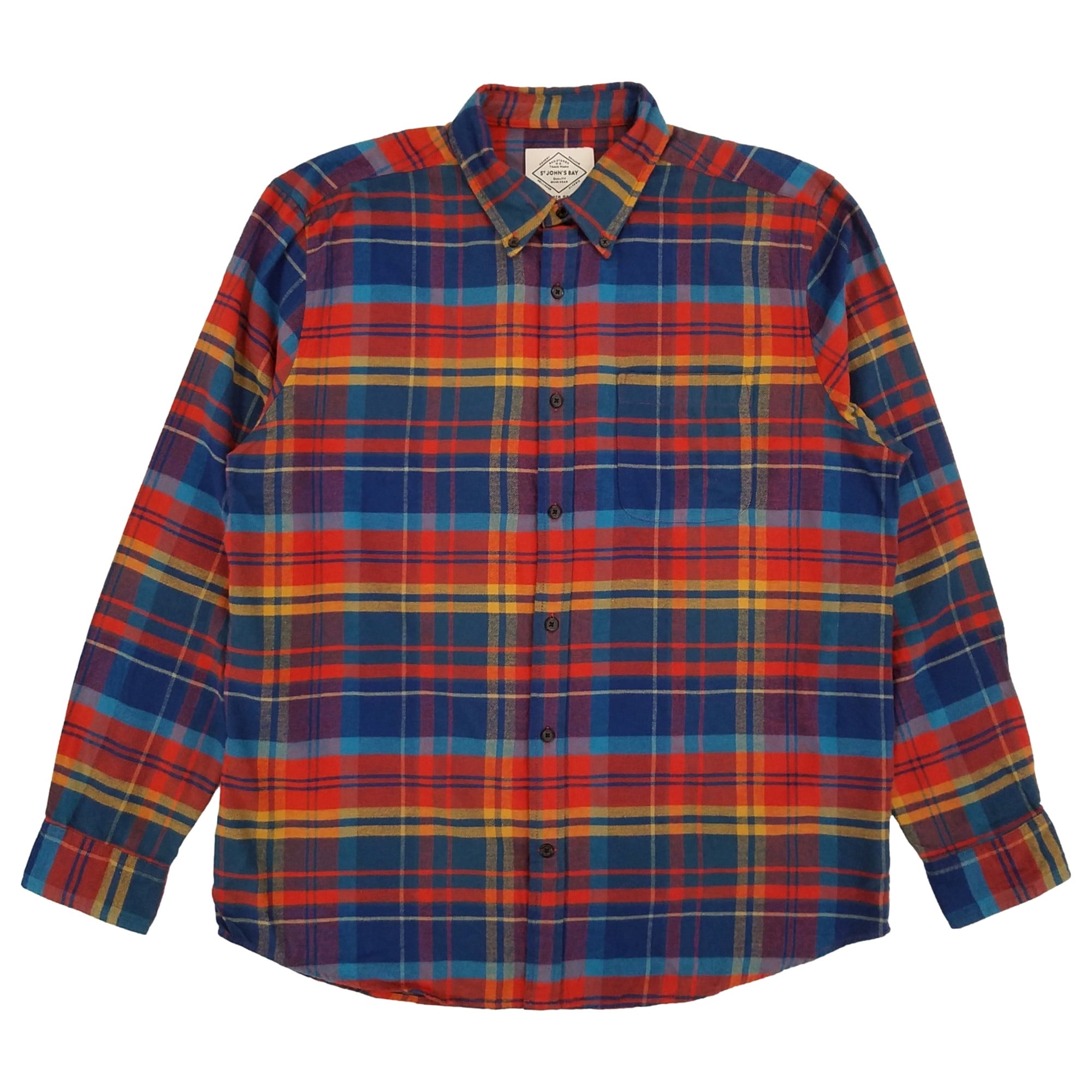 St. Johns Bay Mens Blue Orange Plaid Long Sleeve Button-Down