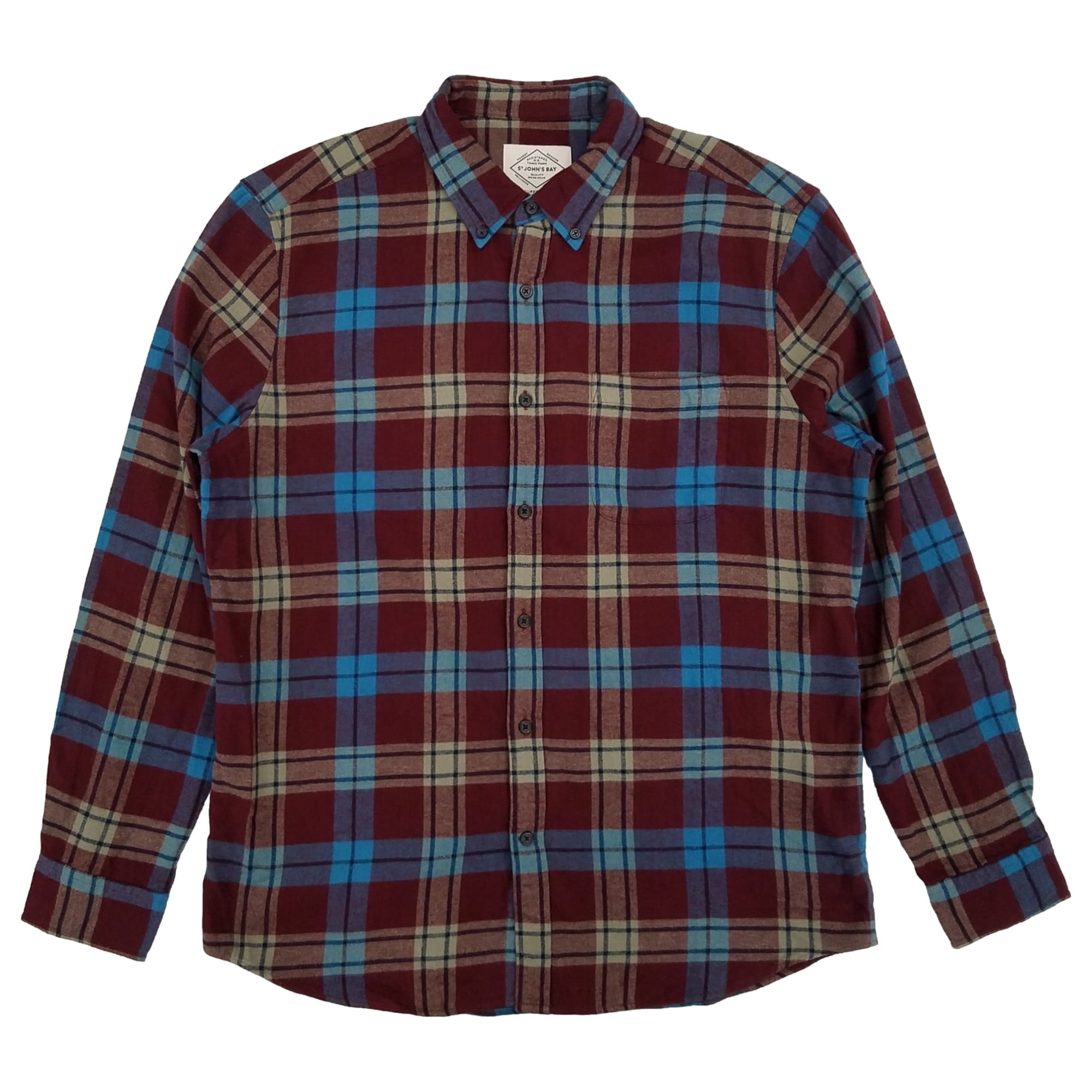St. Johns Bay Mens Burgundy Multi Plaid Long Sleeve Flannel Shirt