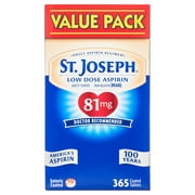 St. Joseph Aspirin Pain Reliever (NSAID) 81mg, Enteric Safety Coated, Adult Low Dose Regimen, 1 Year Supply, 365 Ct