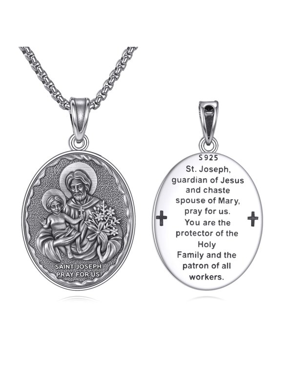 St. Joseph Necklace for Men 925 Sterling Silver Patron Saint of Workers & Families Pendant Saint Joseph Medal Necklace for Women Hypoallergenic Catholic Jewelry Gift