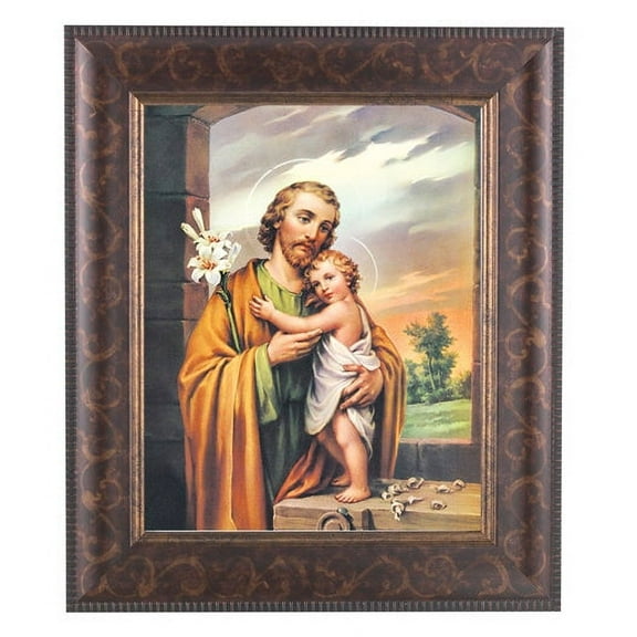 St. Joseph Picture Framed Wall Art Decor Large, Antique Gold and Expresso Decorated Frame with Beveled Edge and Gold Lip