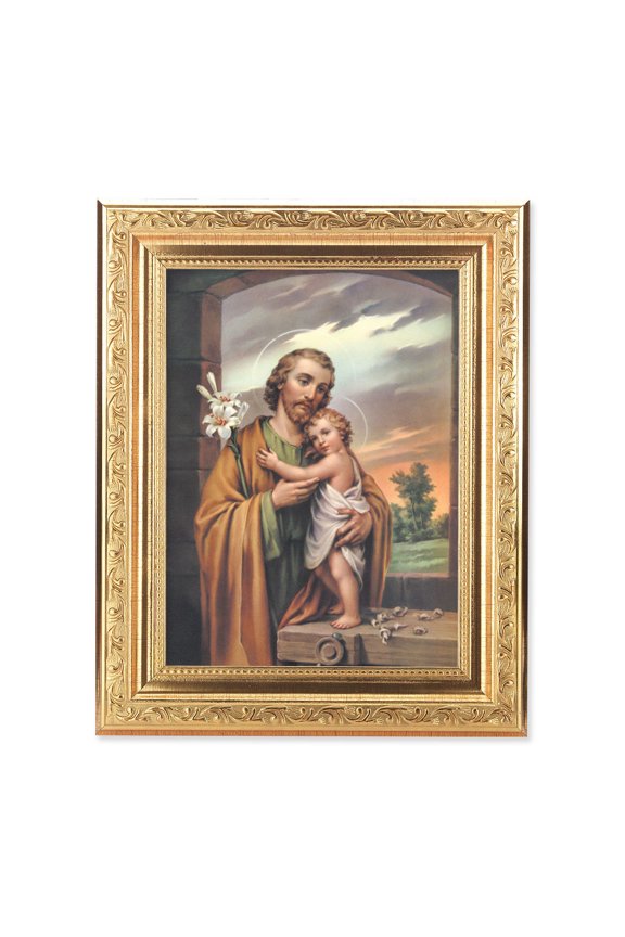St. Joseph Picture Framed Wall Art Decor, Medium, Gold-Leaf Antique Finished Frame with Acanthus-Leaf Detail